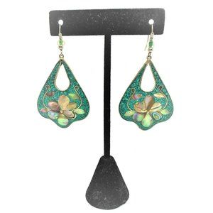 Mexico Alpaca Silver Turquoise Abalone Shell Floral Drop Dangle Hook Earrings